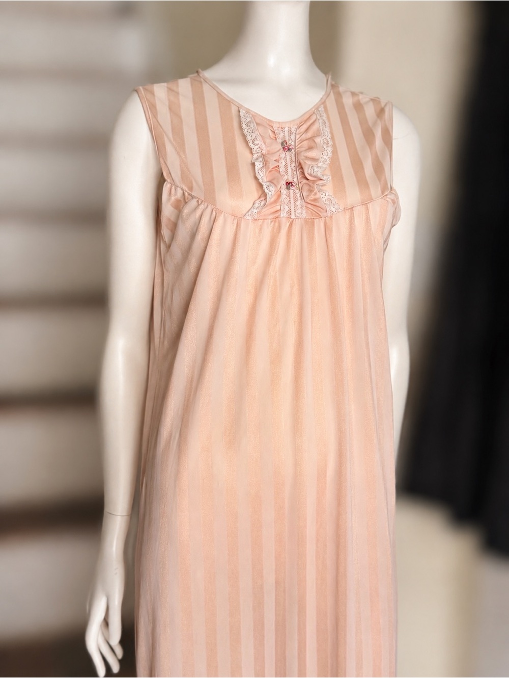 1970’s Sleeveless Peach Maxi Nightgown with Lace detailing